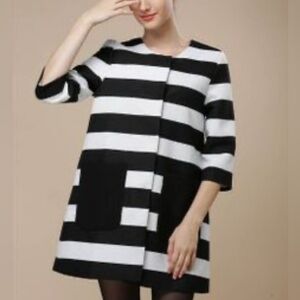 BLACK & WHITE PARISIAN STRIPED JACKET/MINI DRESS SNAP FRONT PATCH POCKETS